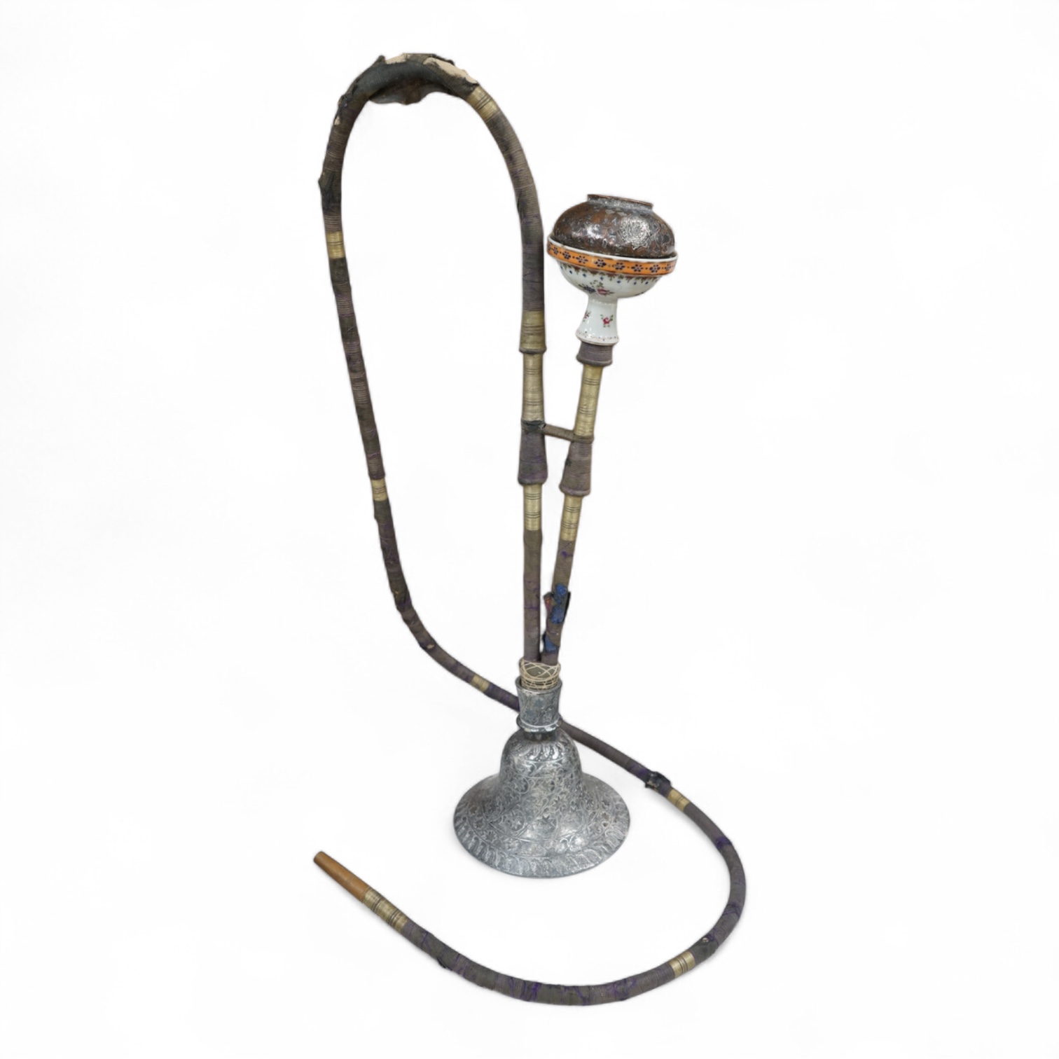 A modified silver plate, copper and porcelain hookah, 65cm